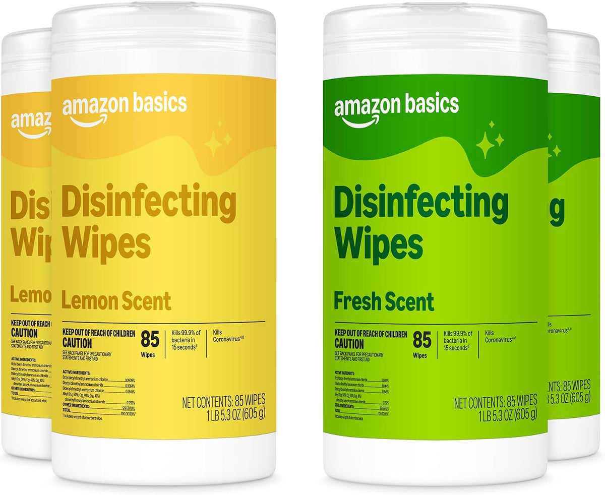 Amazon Basics Disinfecting Wipes, Fresh scent, Sanitizes, Cleans, Disinfects, Deodorizes, 85 Count: Pallet of 480 (80 x 6-pack), Packaging May Vary