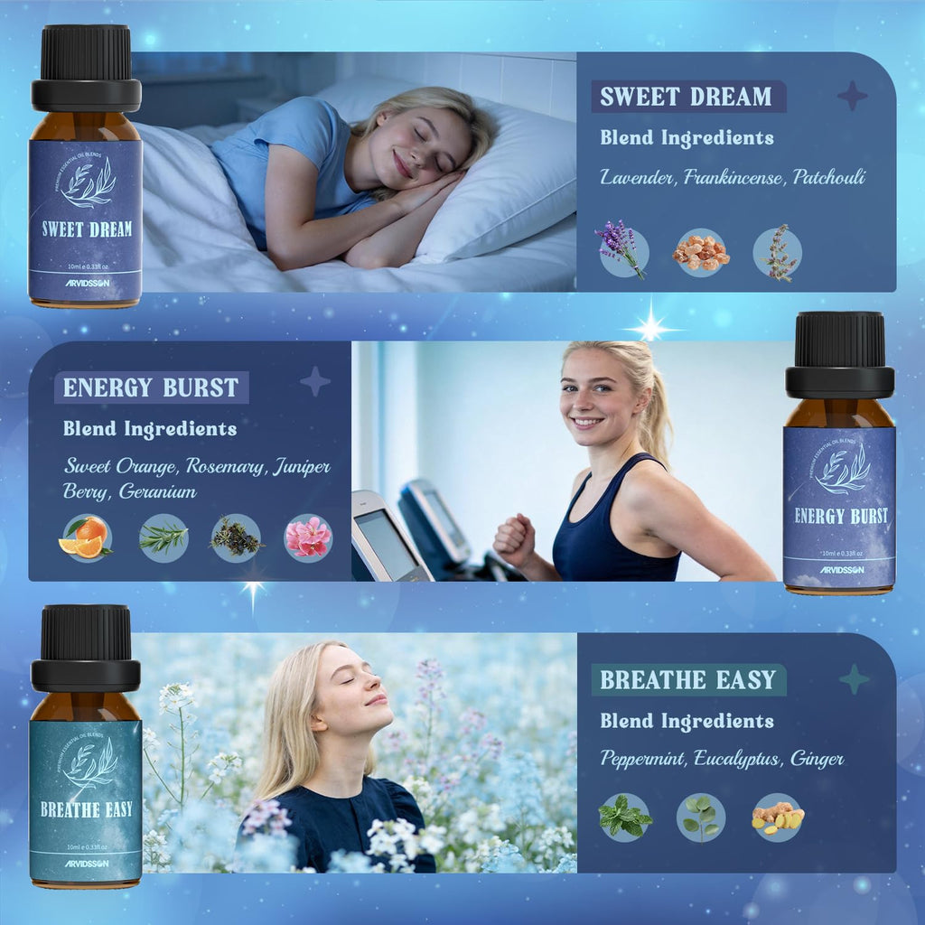 Essential Oils Roll On Set, Natural Aromatherapy Oil Roller for Body, Skin, Massage, Essential Oil Blends - Sweet Dream, Unwind, Breahte, Balance, Focus, Happy, Gifts for Women