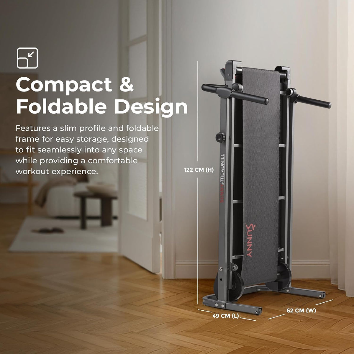 Sunny Health & Fitness Compact & Foldable Treadmill, Dual Mode Walking/Running, Non-Electric, Fixed Incline Design, Non-Slip Surface, Optional Bluetooth Free Connection with SunnyFit App