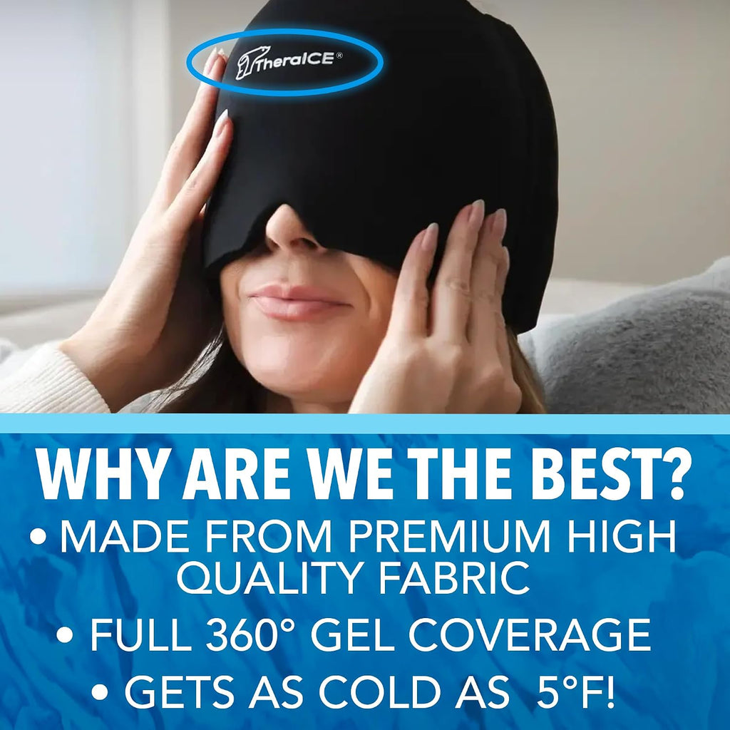 TheraICE Headache Relief Cap, Migraine Ice Pack Mask Products, Women Cooling Gel Hat, Face Cold Compress Head Wrap for Her Stress. Great Birthday Gift for Mom, Sister, Grandma, Girlfriend, & Teacher