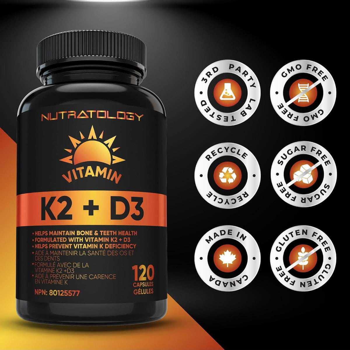Nutratology® Vitamin K2 + D3 | Highest Potency 120 mcg/1,000 IU | 120 Count