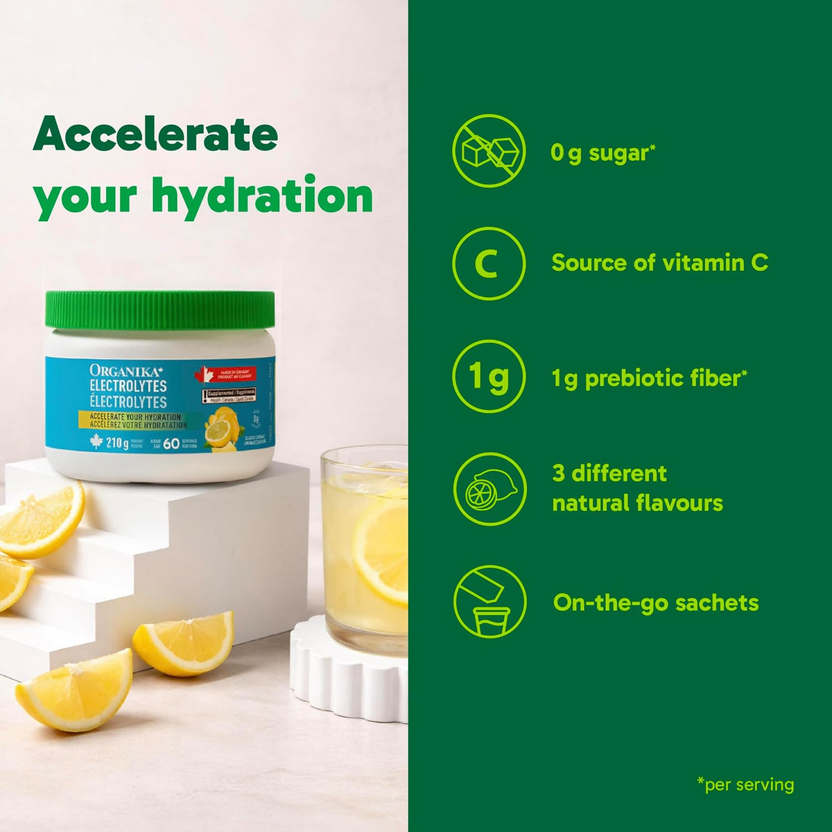 Organika Canadian-Made Electrolytes Powder |Classic Lemonade - 210g