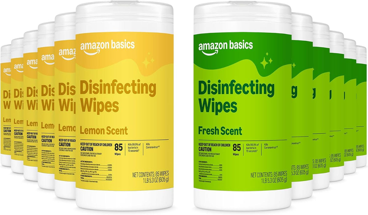 Amazon Basics Disinfecting Wipes, Fresh scent, Sanitizes, Cleans, Disinfects, Deodorizes, 85 Count: Pallet of 480 (80 x 6-pack), Packaging May Vary