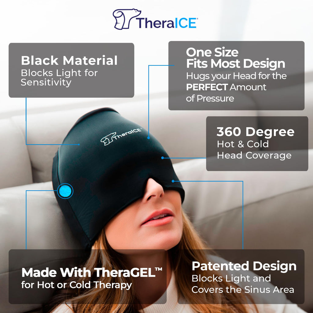 TheraICE Headache Relief Cap, Migraine Ice Pack Mask Products, Women Cooling Gel Hat, Face Cold Compress Head Wrap for Her Stress. Great Birthday Gift for Mom, Sister, Grandma, Girlfriend, & Teacher
