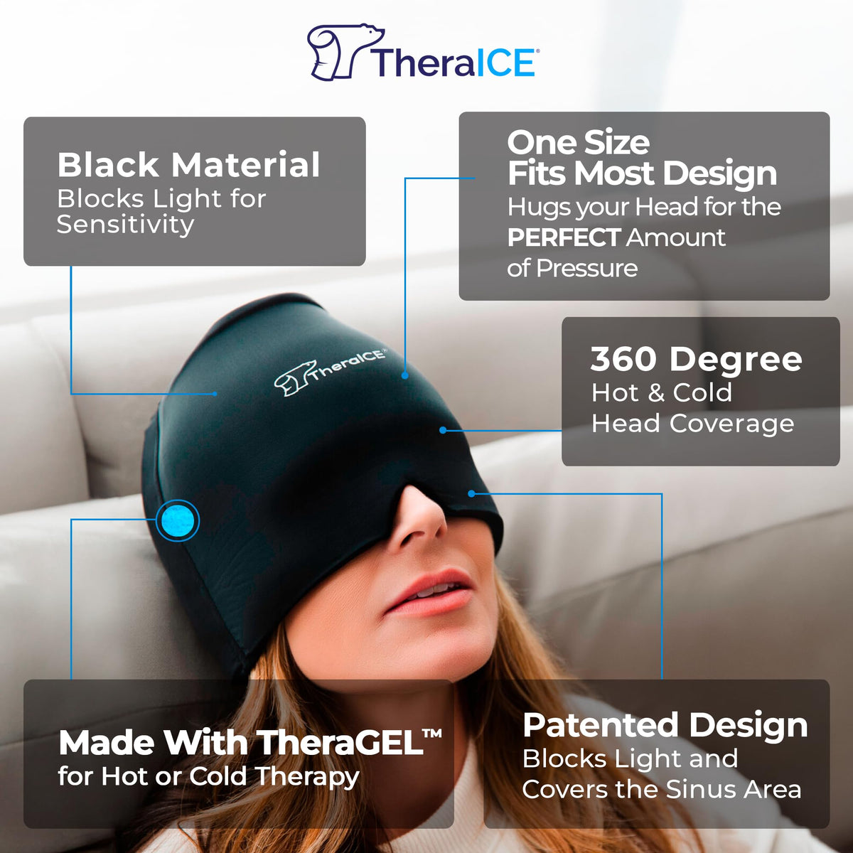 TheraICE Headache Relief Cap, Migraine Ice Pack Mask Products, Women Cooling Gel Hat, Face Cold Compress Head Wrap for Her Stress. Great Birthday Gift for Mom, Sister, Grandma, Girlfriend, & Teacher
