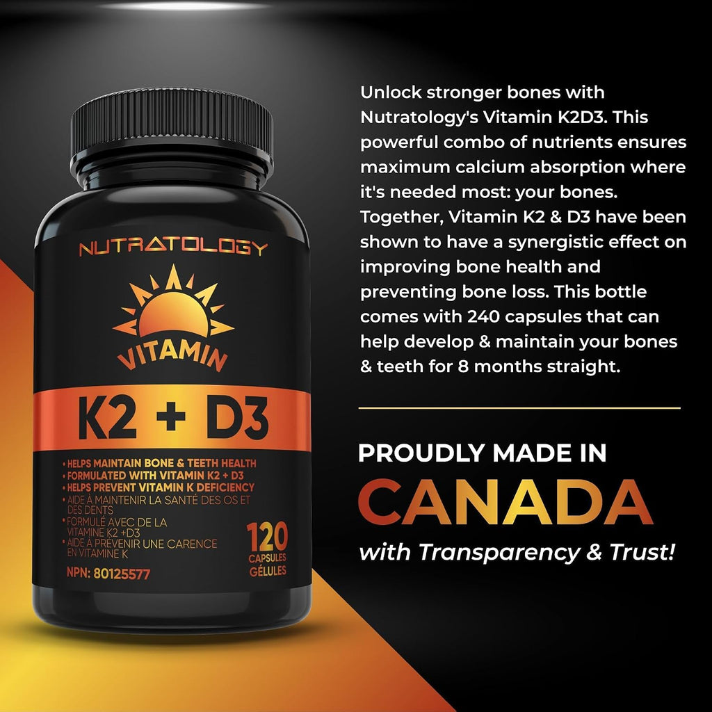 Nutratology® Vitamin K2 + D3 | Highest Potency 120 mcg/1,000 IU | 120 Count