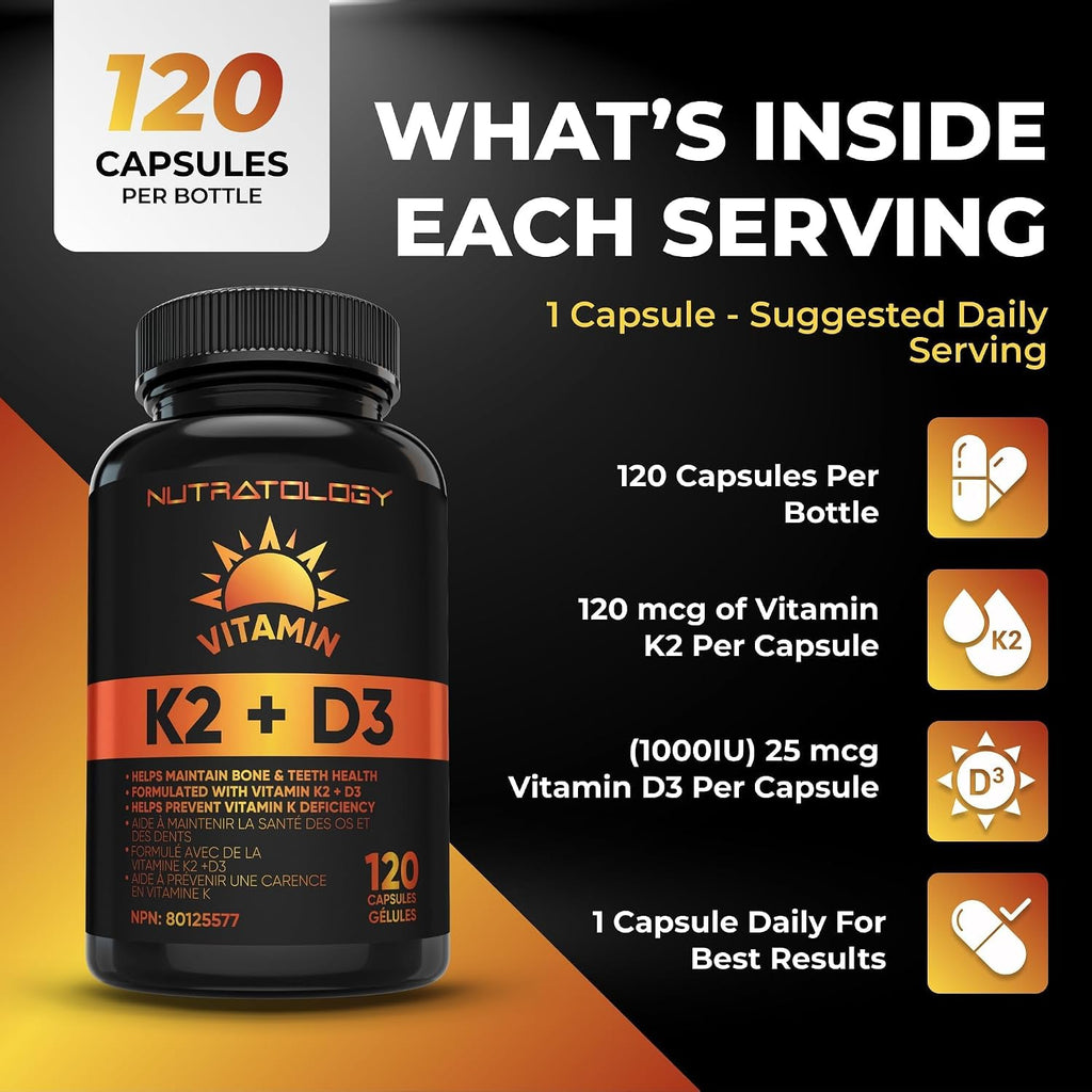 Nutratology® Vitamin K2 + D3 | Highest Potency 120 mcg/1,000 IU | 120 Count