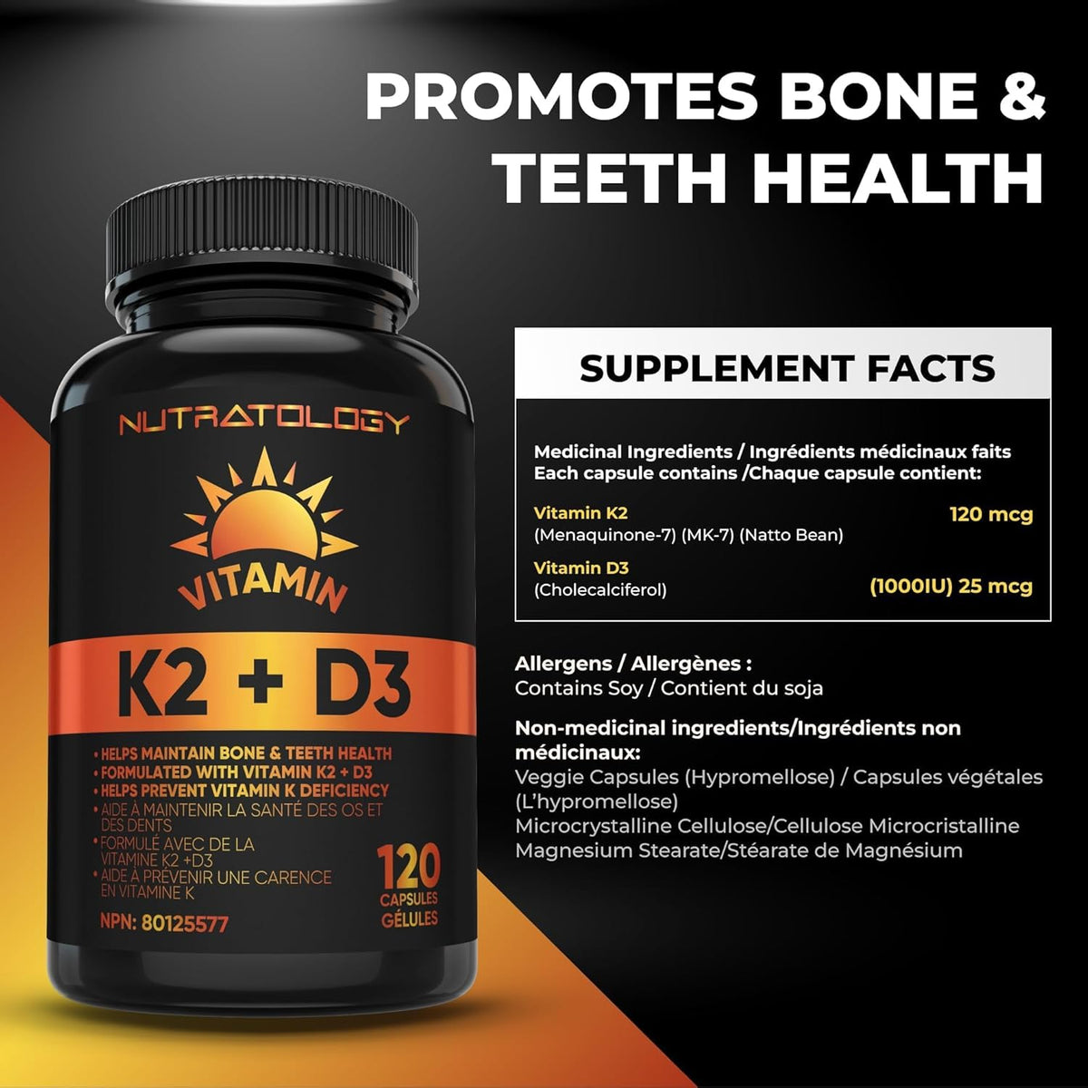 Nutratology® Vitamin K2 + D3 | Highest Potency 120 mcg/1,000 IU | 120 Count