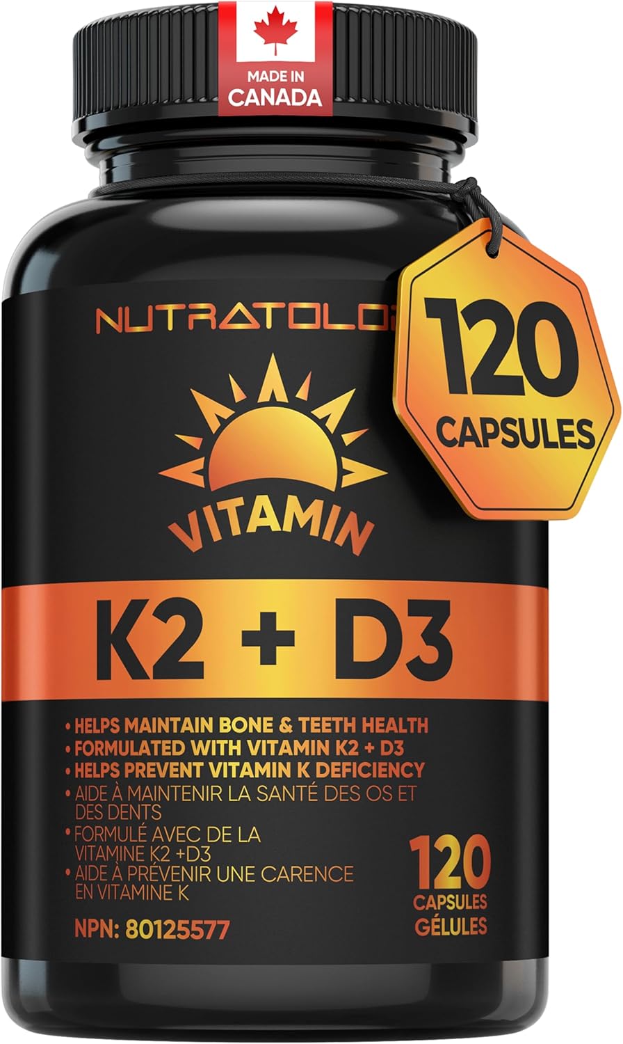 Nutratology® Vitamin K2 + D3 | Highest Potency 120 mcg/1,000 IU | 120 Count