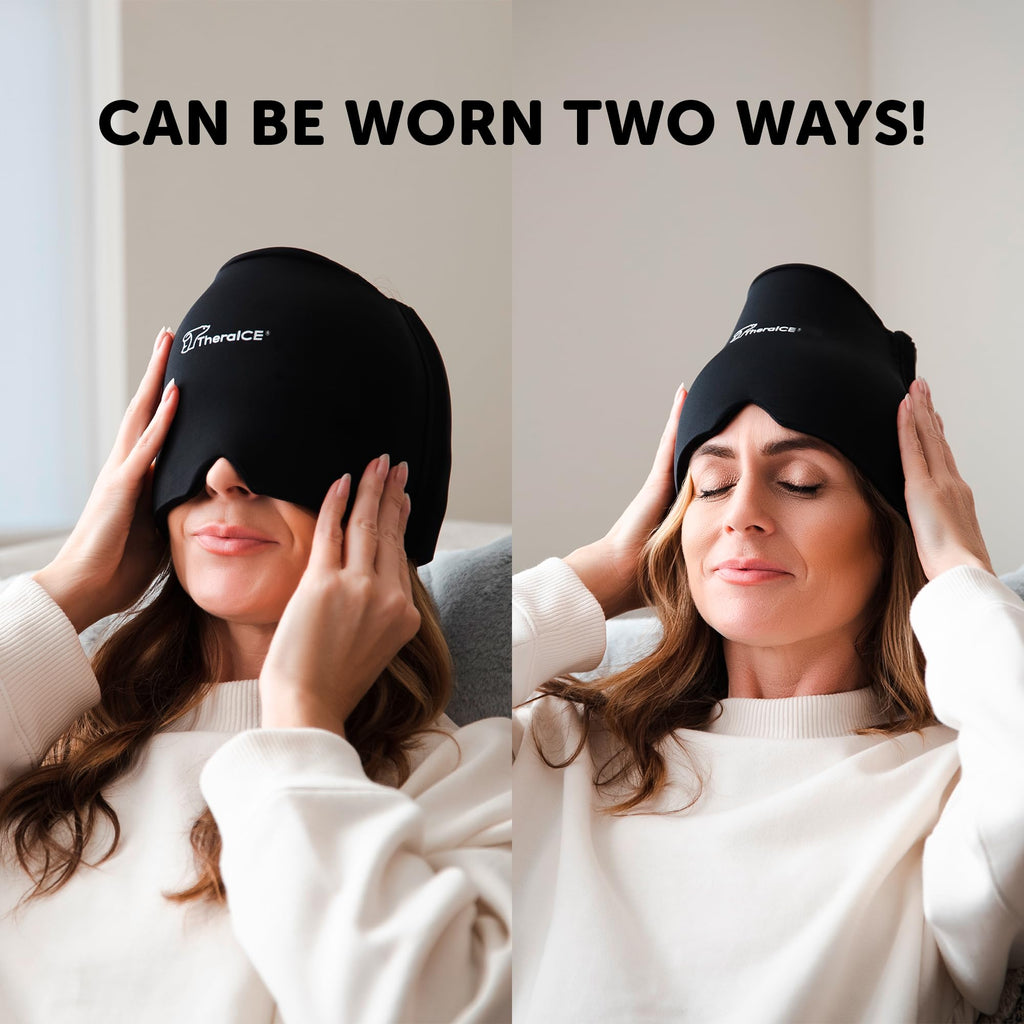 TheraICE Headache Relief Cap, Migraine Ice Pack Mask Products, Women Cooling Gel Hat, Face Cold Compress Head Wrap for Her Stress. Great Birthday Gift for Mom, Sister, Grandma, Girlfriend, & Teacher