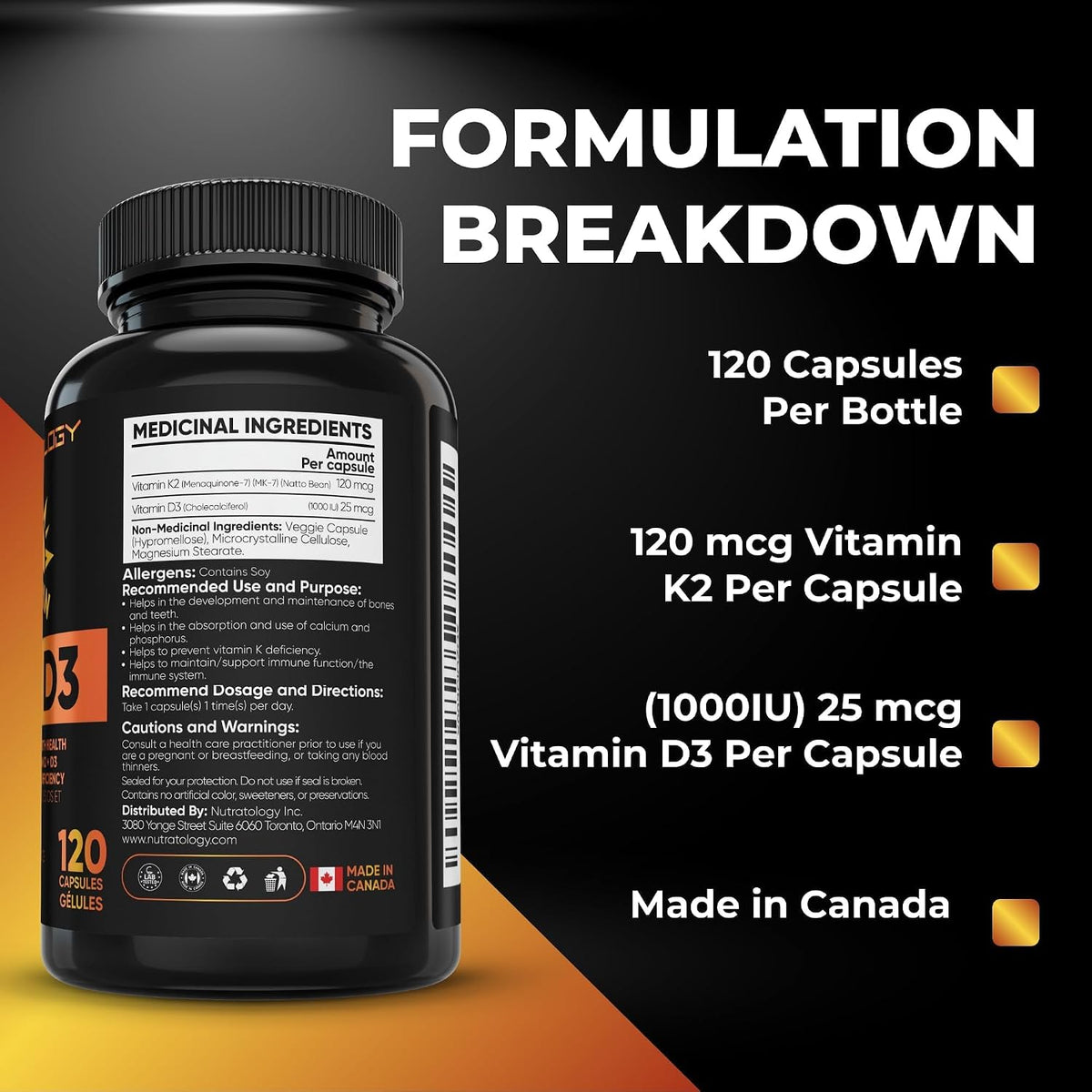 Nutratology® Vitamin K2 + D3 | Highest Potency 120 mcg/1,000 IU | 120 Count