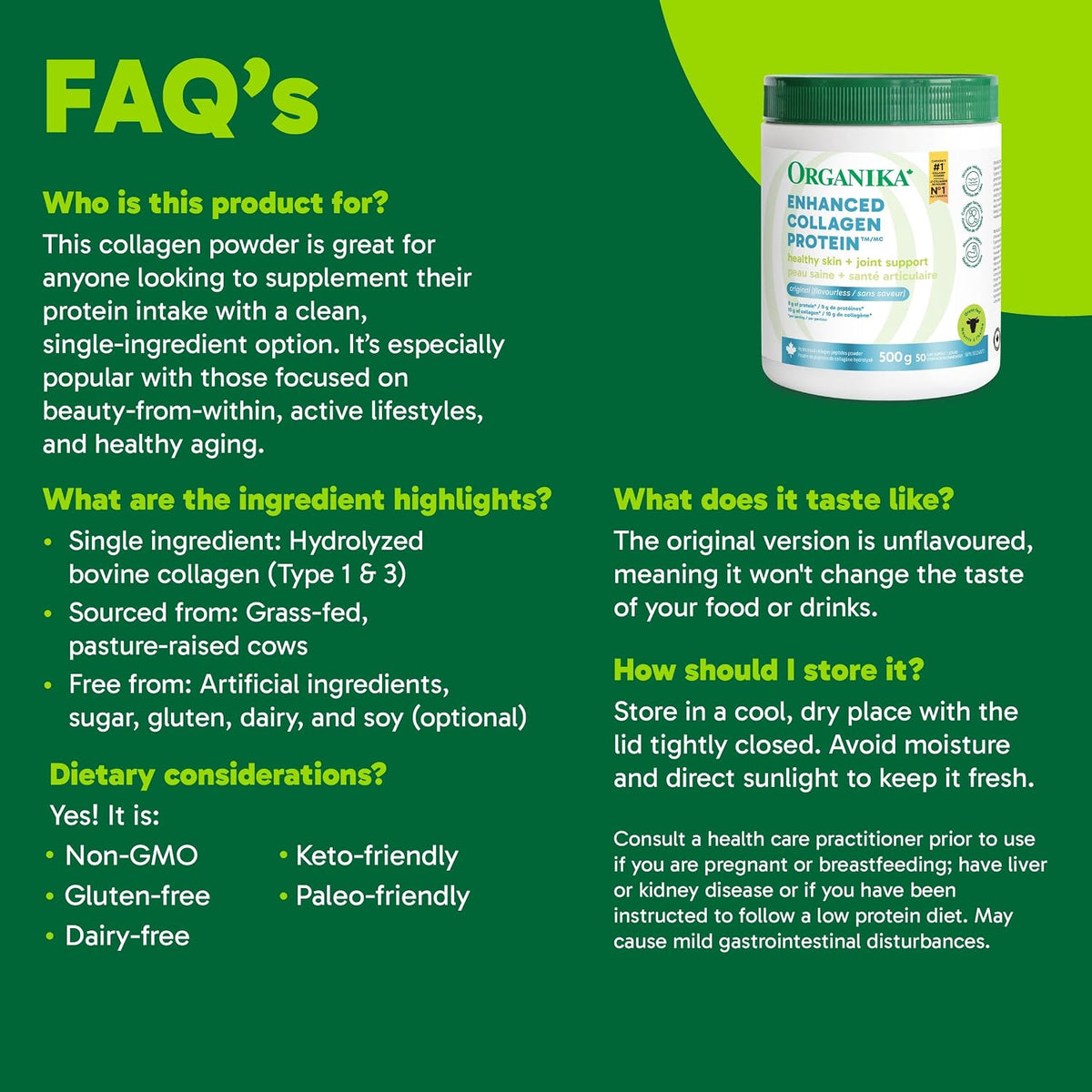 Organika Enhanced Collagen Peptides Powder (Type 1 & 3) | Unflavoured - 500g, 50 servings