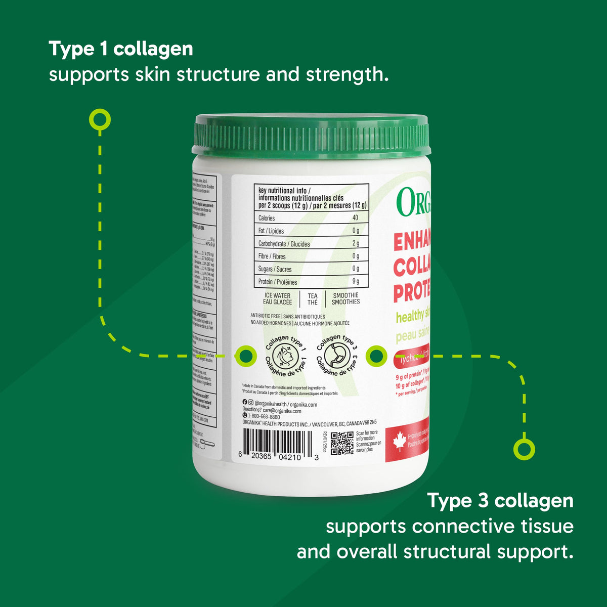 Organika Enhanced Collagen Peptides Powder (Type 1 & 3) | Unflavoured - 500g, 50 servings