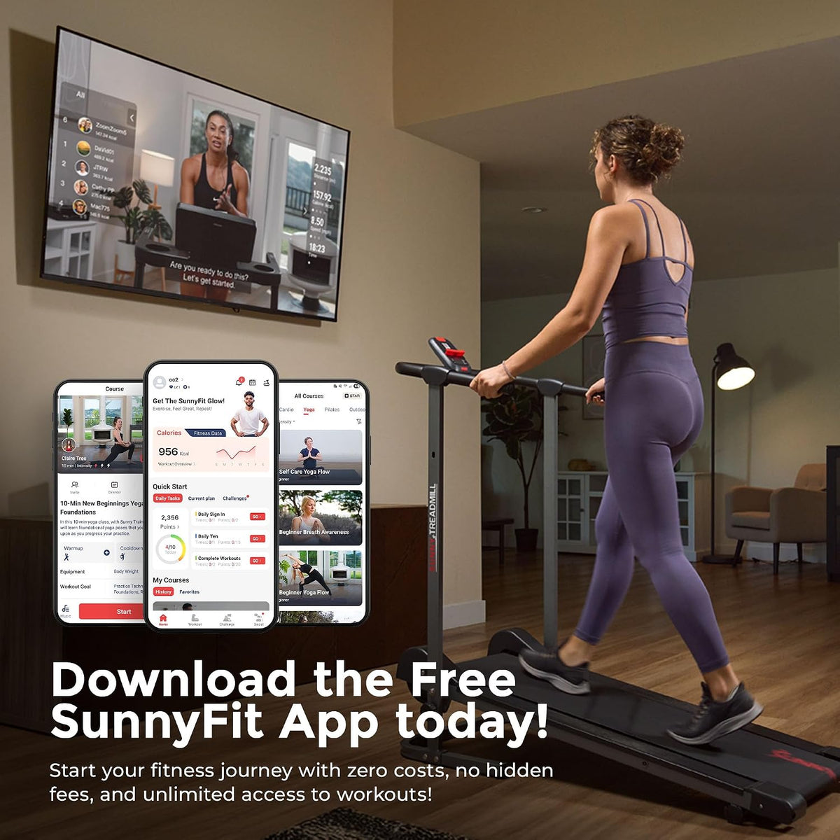 Sunny Health & Fitness Compact & Foldable Treadmill, Dual Mode Walking/Running, Non-Electric, Fixed Incline Design, Non-Slip Surface, Optional Bluetooth Free Connection with SunnyFit App