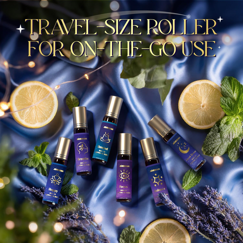 Essential Oils Roll On Set, Natural Aromatherapy Oil Roller for Body, Skin, Massage, Essential Oil Blends - Sweet Dream, Unwind, Breahte, Balance, Focus, Happy, Gifts for Women