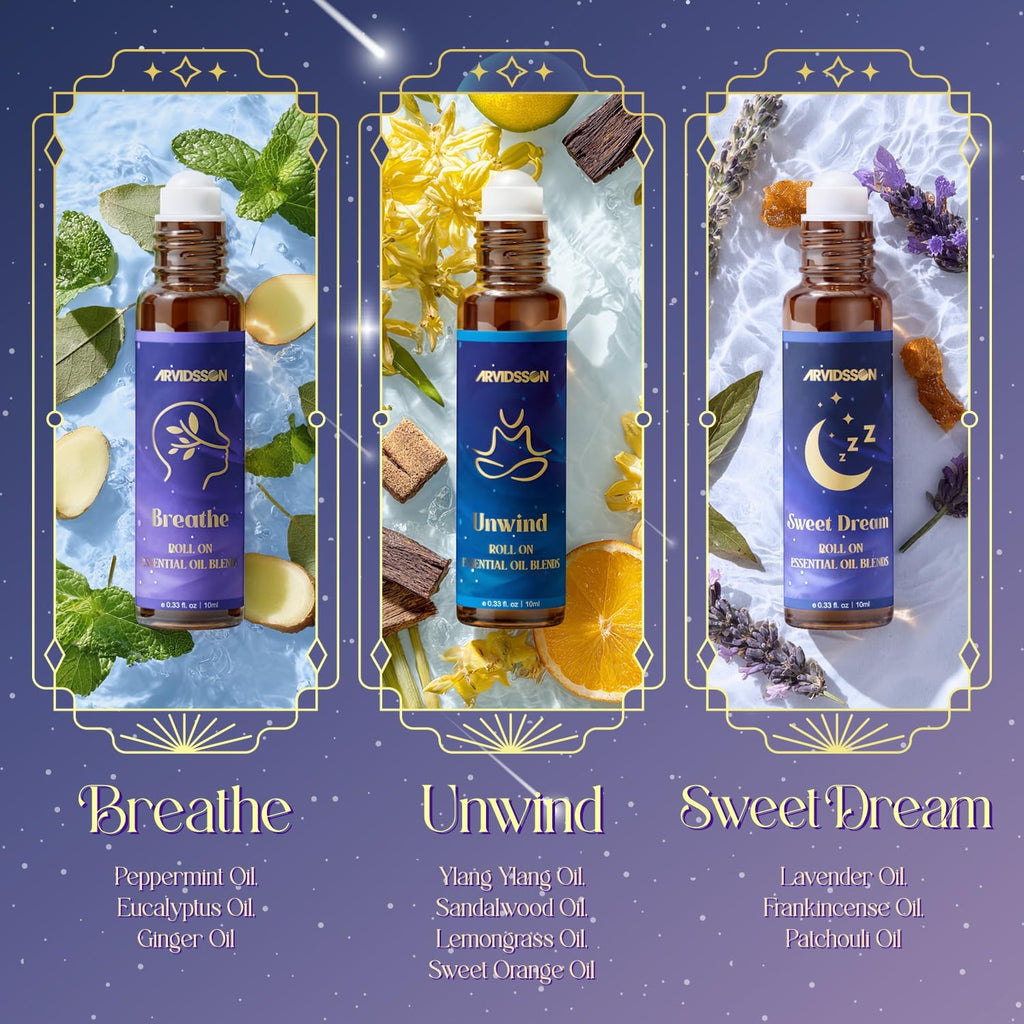 Essential Oils Roll On Set, Natural Aromatherapy Oil Roller for Body, Skin, Massage, Essential Oil Blends - Sweet Dream, Unwind, Breahte, Balance, Focus, Happy, Gifts for Women