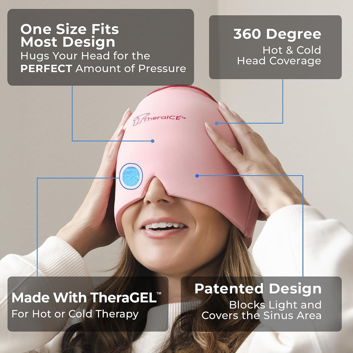 TheraICE Headache Relief Cap, Migraine Ice Pack Mask Products, Women Cooling Gel Hat, Face Cold Compress Head Wrap for Her Stress. Great Birthday Gift for Mom, Sister, Grandma, Girlfriend, & Teacher