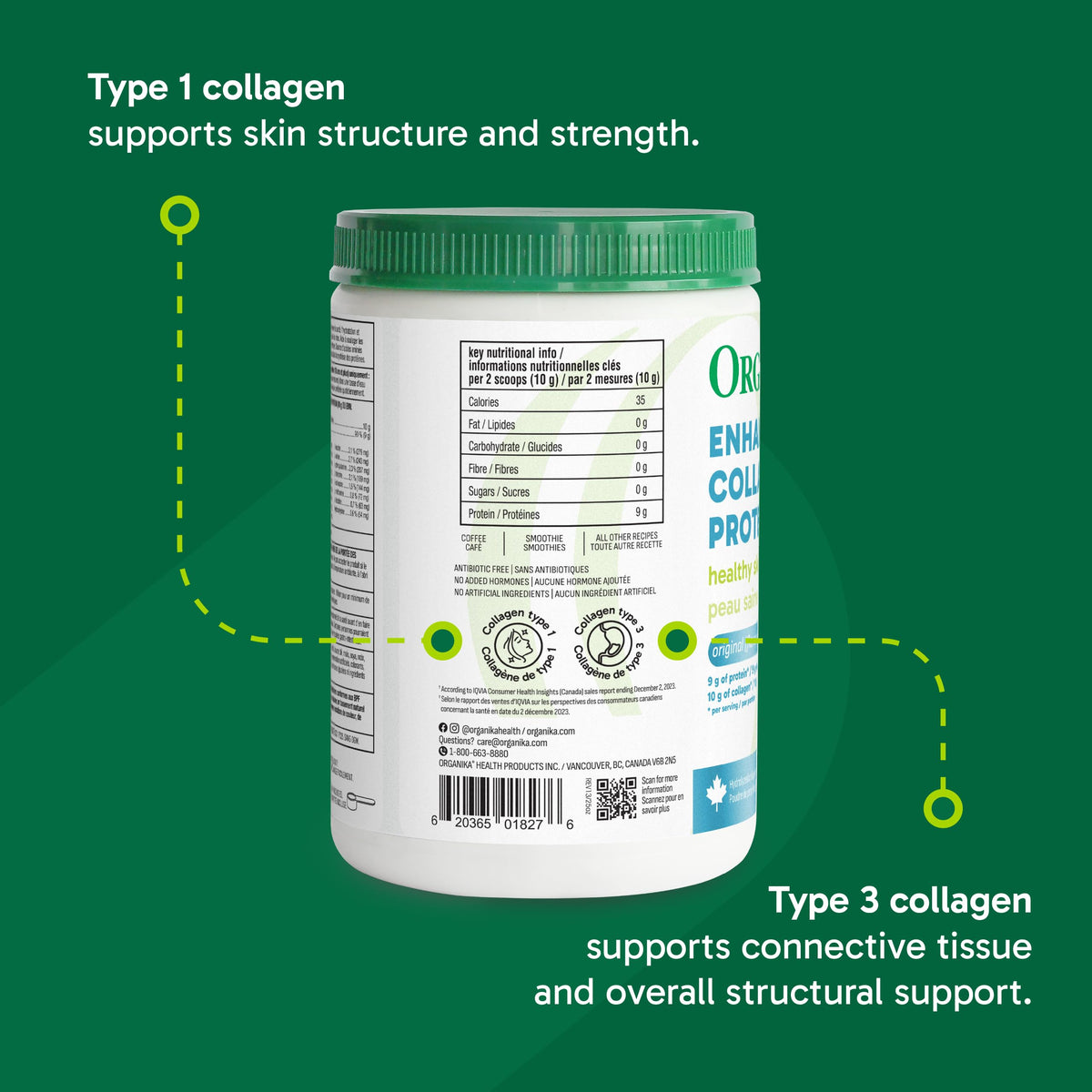 Organika Enhanced Collagen Peptides Powder (Type 1 & 3) | Unflavoured - 500g, 50 servings