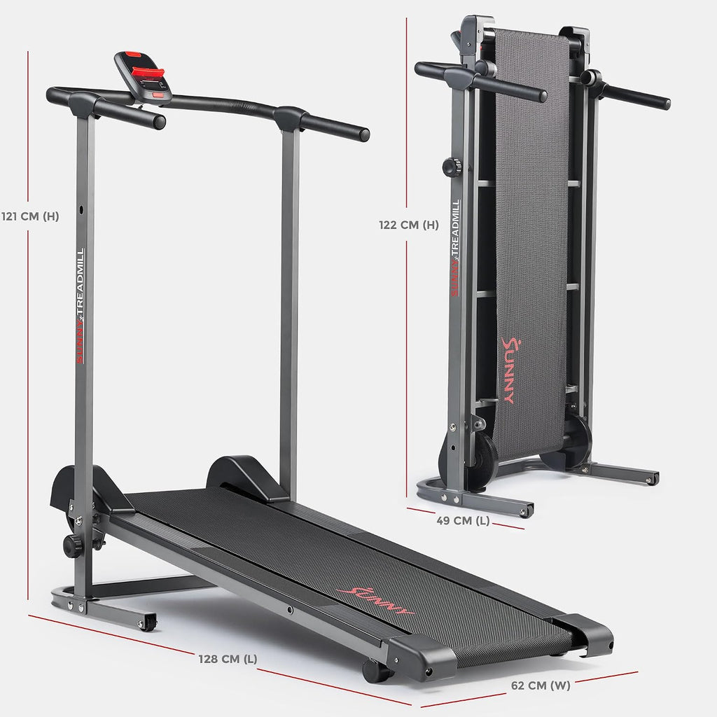 Sunny Health & Fitness Compact & Foldable Treadmill, Dual Mode Walking/Running, Non-Electric, Fixed Incline Design, Non-Slip Surface, Optional Bluetooth Free Connection with SunnyFit App
