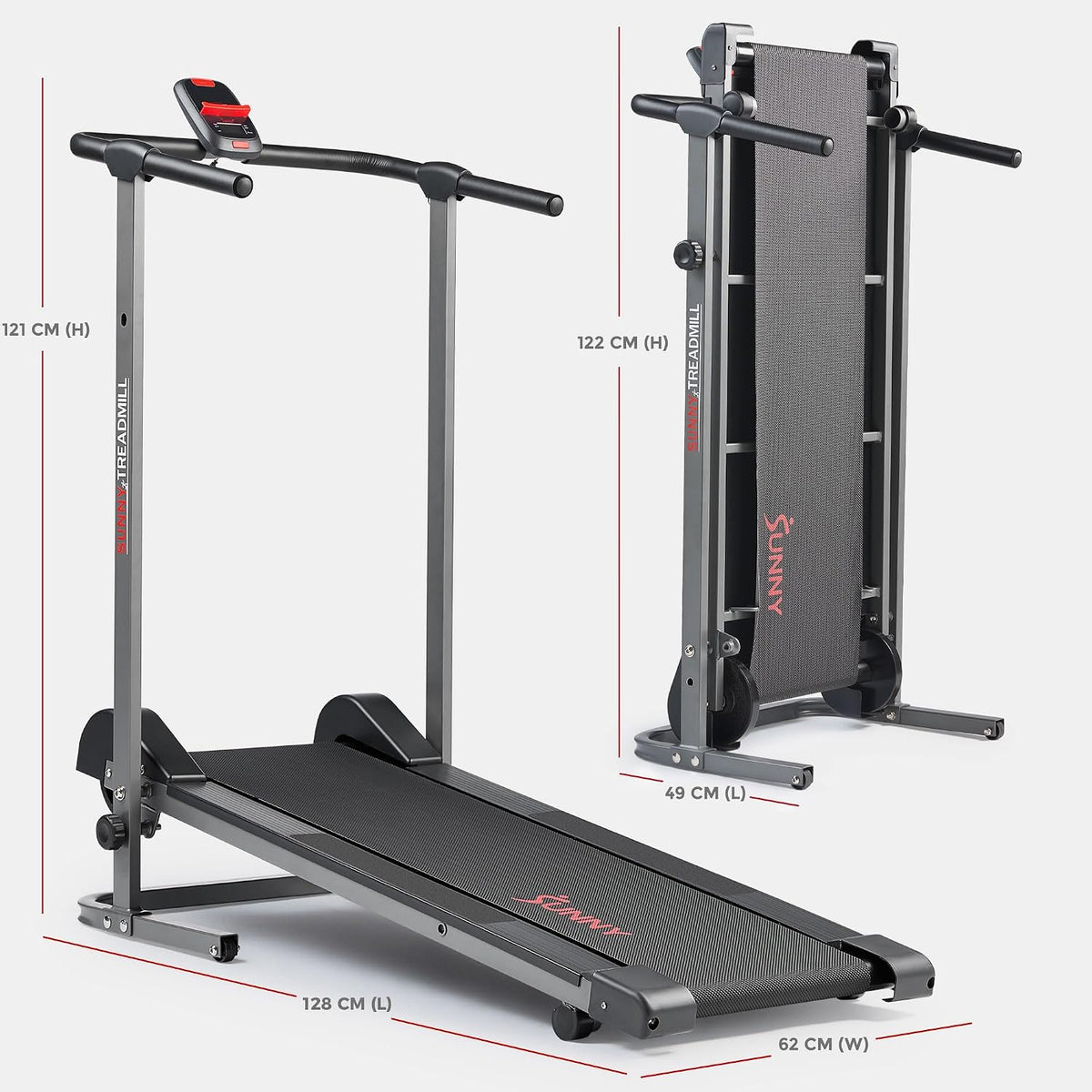 Sunny Health & Fitness Compact & Foldable Treadmill, Dual Mode Walking/Running, Non-Electric, Fixed Incline Design, Non-Slip Surface, Optional Bluetooth Free Connection with SunnyFit App