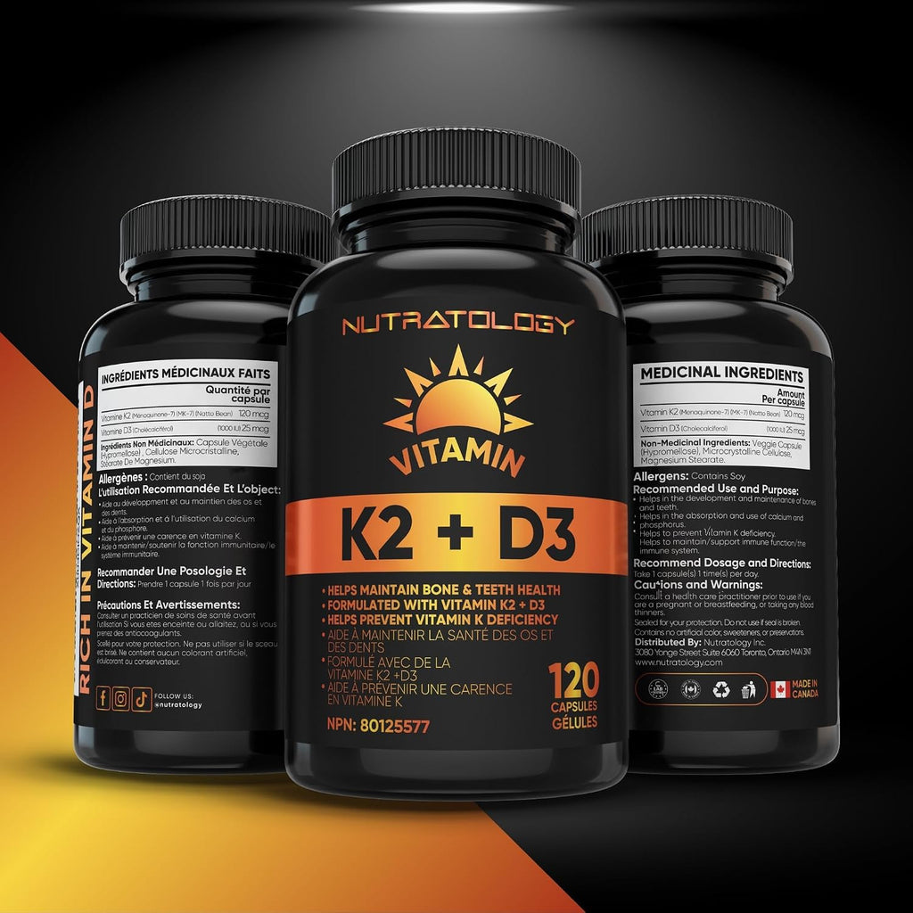Nutratology® Vitamin K2 + D3 | Highest Potency 120 mcg/1,000 IU | 120 Count