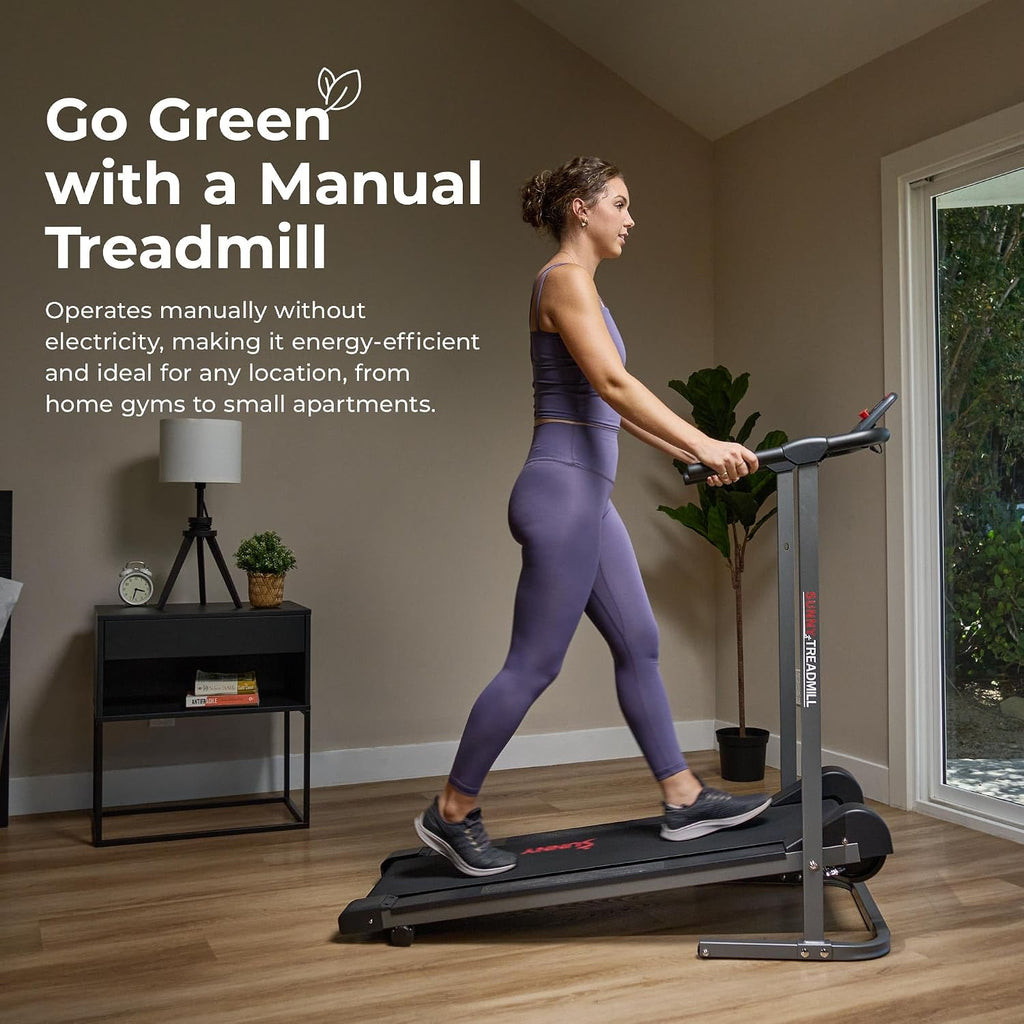 Sunny Health & Fitness Compact & Foldable Treadmill, Dual Mode Walking/Running, Non-Electric, Fixed Incline Design, Non-Slip Surface, Optional Bluetooth Free Connection with SunnyFit App