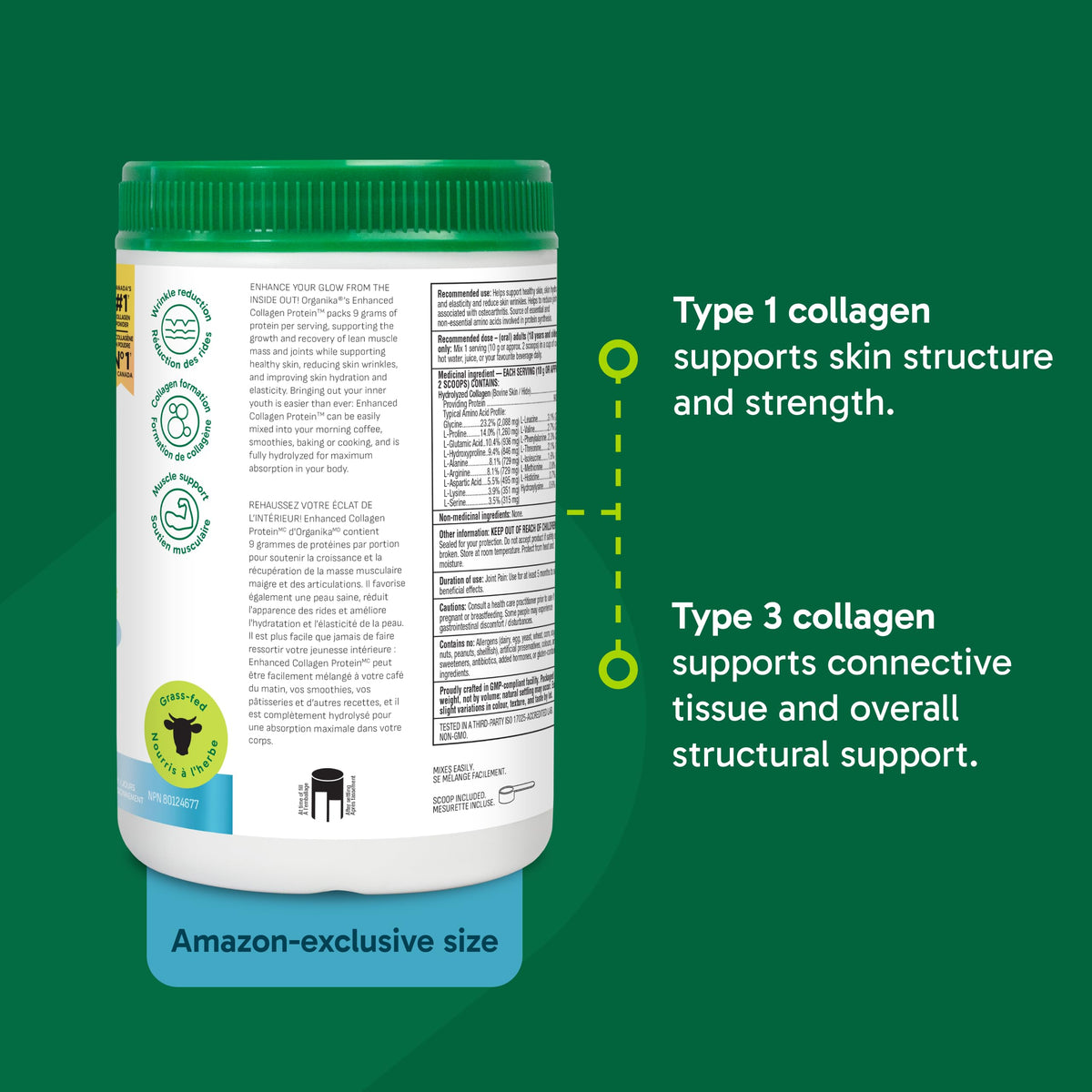Organika Enhanced Collagen Peptides Powder (Type 1 & 3) | Unflavoured - 500g, 50 servings