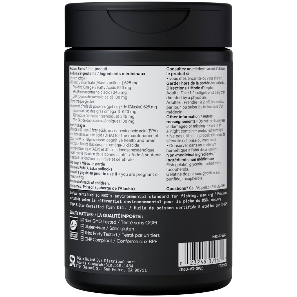Sports Research® Omega-3 Fish Oil 1250mg from Wild Alaska Pollock, 90 Count