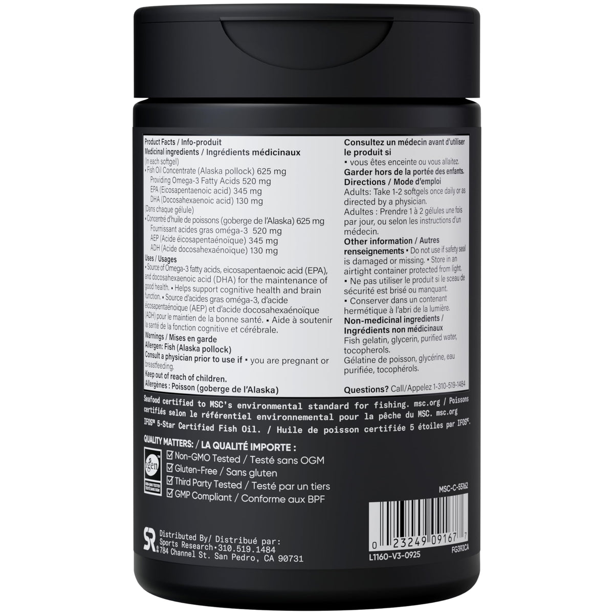 Sports Research® Omega-3 Fish Oil 1250mg from Wild Alaska Pollock, 90 Count
