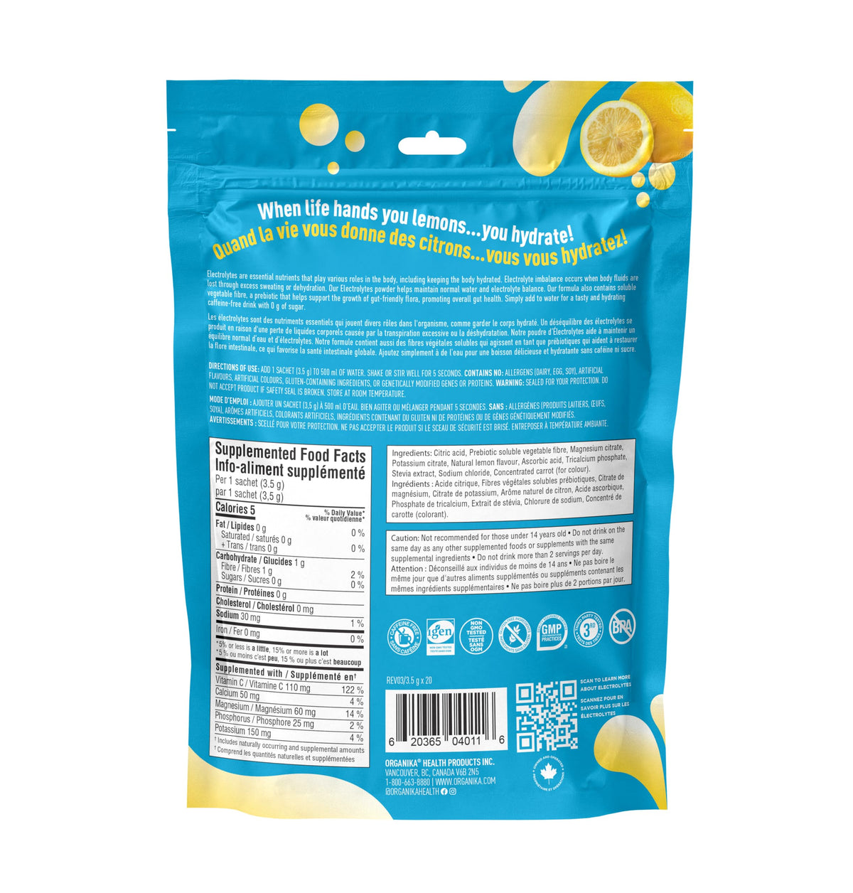 Organika Canadian-Made Electrolytes Powder |Classic Lemonade - 210g